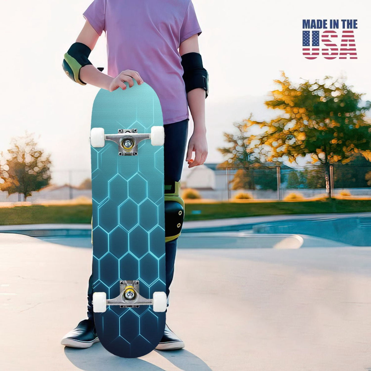 31"x8" Complete Skateboards for Beginners, Honeycomb Futuristic Hexagonal Neon Glowing Orange Light Double Kick 7 Ply Canadian Maple Deck Skateboard with Wheels, Gifts for Kids Teens