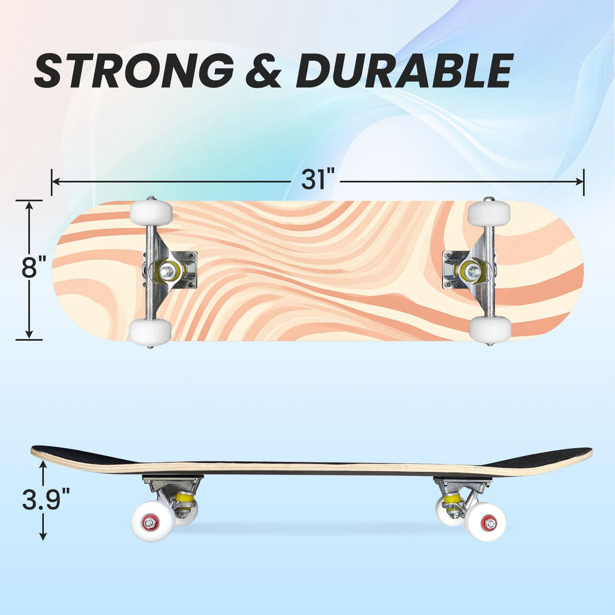 31"x8" Complete Skateboards for Beginners, Abstract Pastel Swirl Soft Earthy Tones Double Kick 7 Ply Canadian Maple Deck Skateboard with Wheels, Gifts for Kids Teens