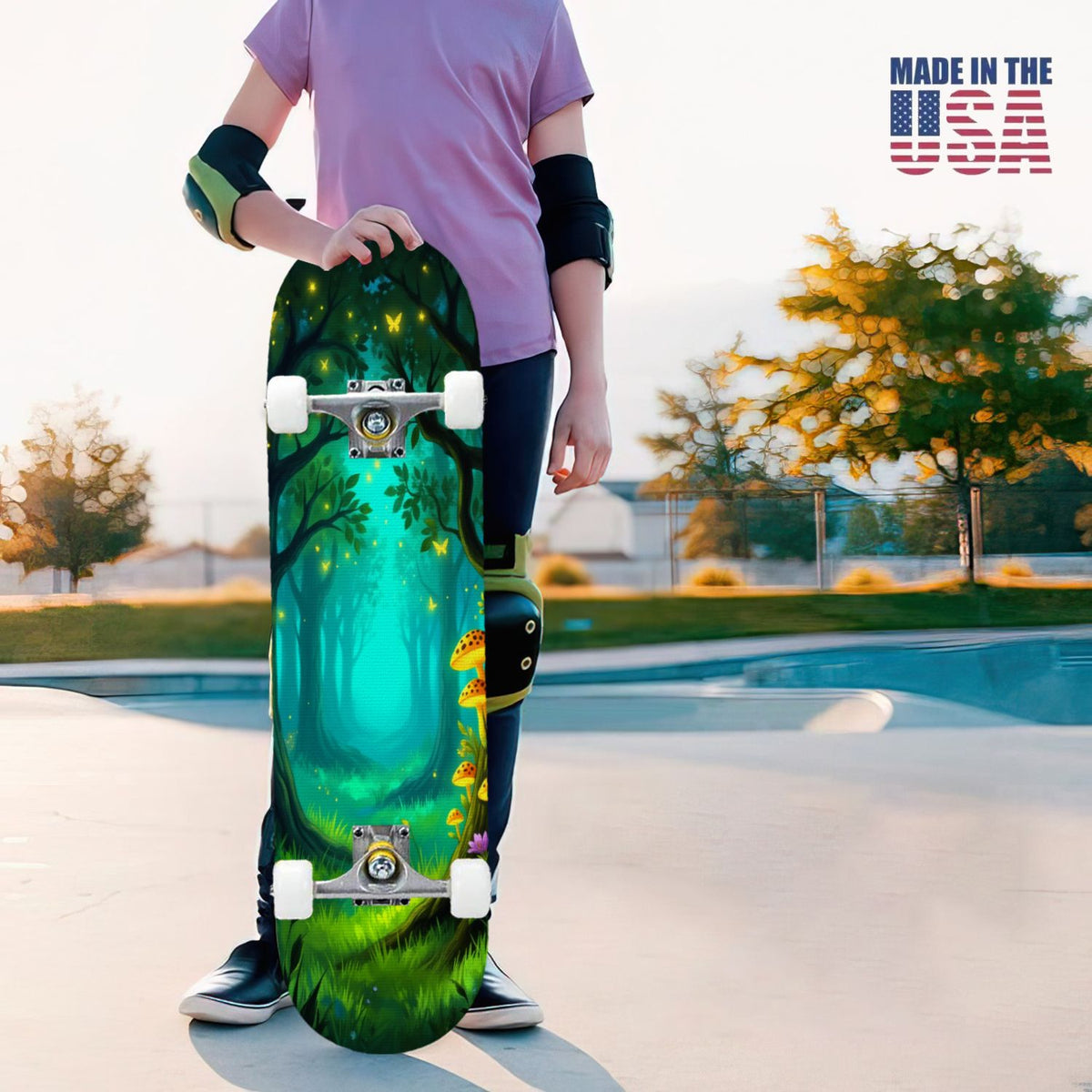 31"x8" Complete Skateboards for Beginners, Magical Forest Glowing Mushrooms Twinkling Fantasy Double Kick 7 Ply Canadian Maple Deck Skateboard with Wheels, Gifts for Kids Teens
