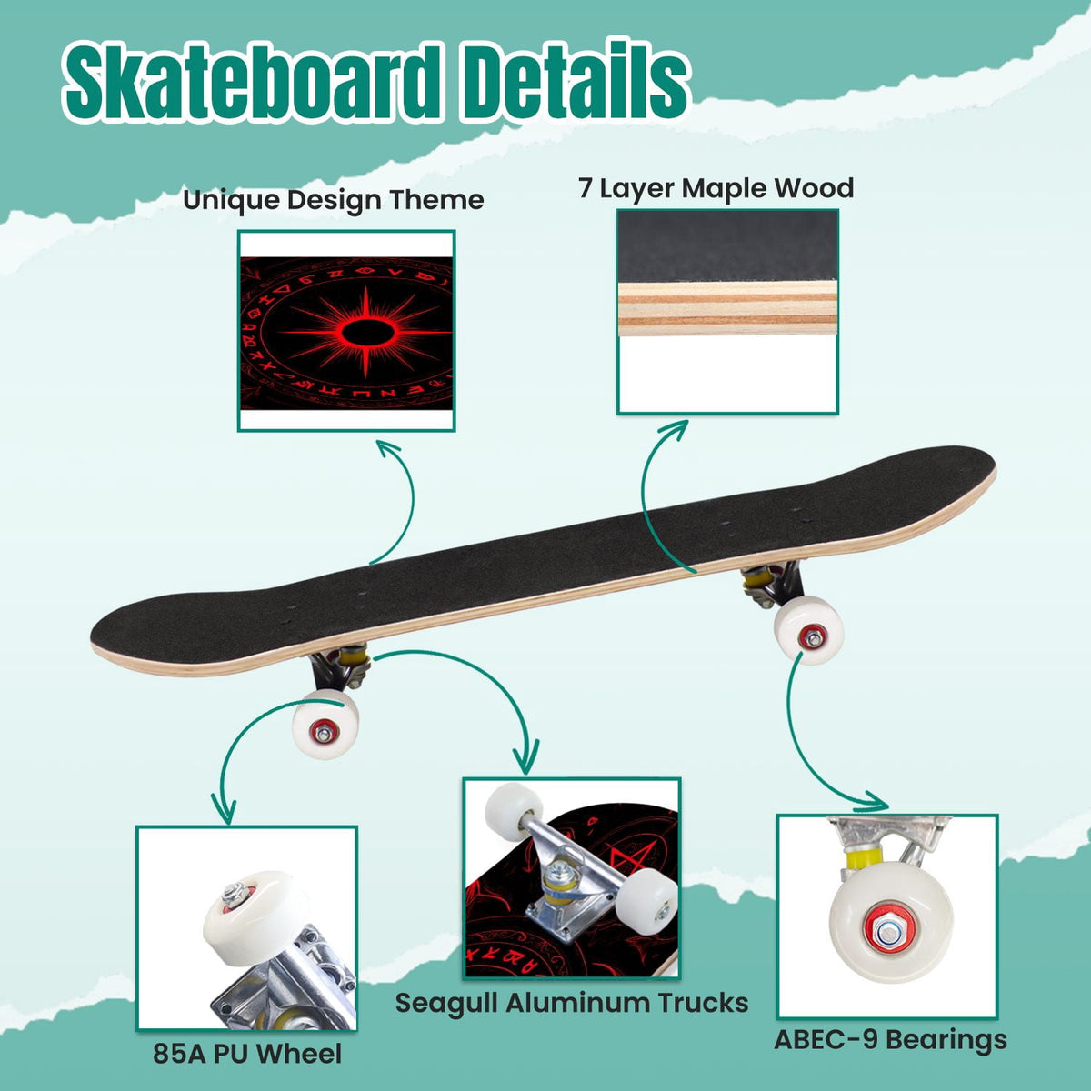 Red Mystic Circle Eyes Occult Symbols Dark Abstract Art 31" x 8" Complete Skateboard, 7-Ply Canadian Maple Double Kick Trick Board for Kids and Beginners Adult Gifts