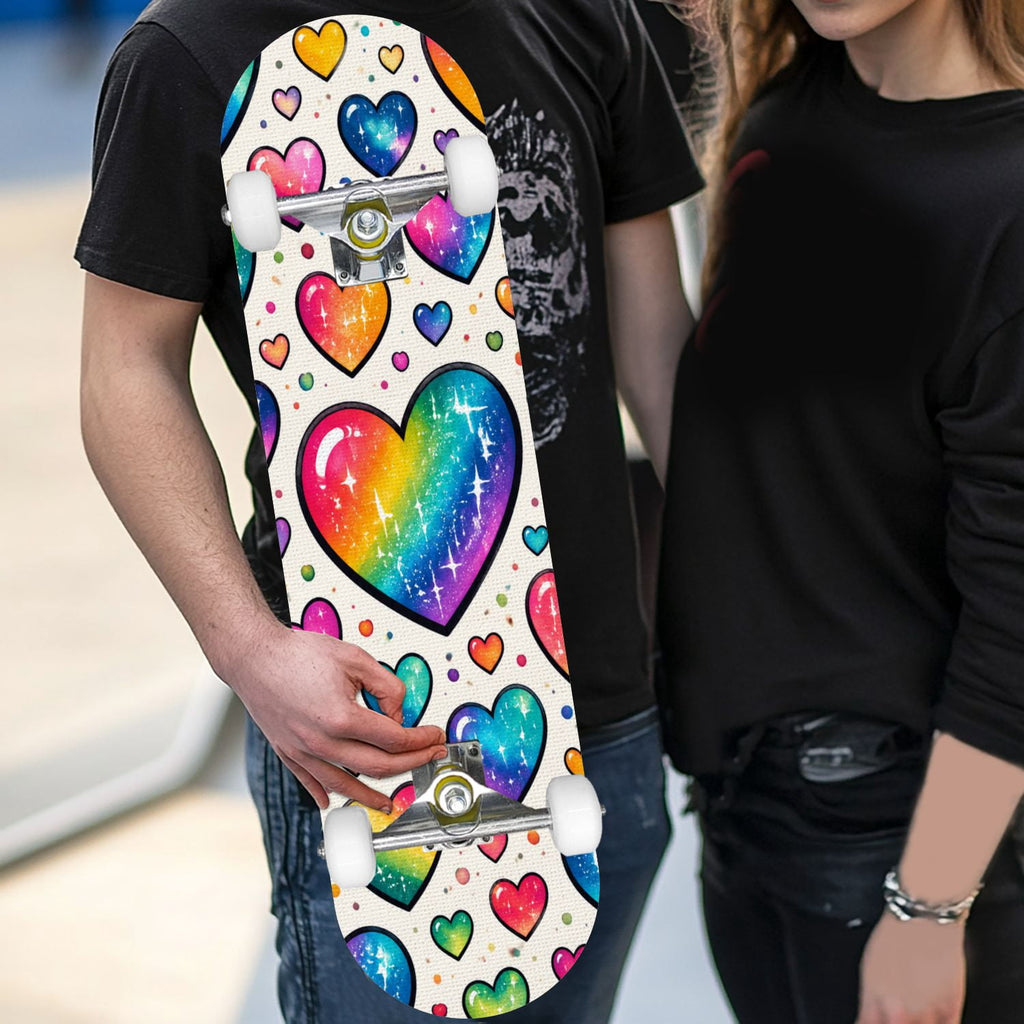 Complete Skateboard Colorful Hearts Graffiti 31 Inch 7-Ply Maple Skateboard with PU Wheels and Aluminum Trucks, Ready-to-Ride Skateboard for Beginners, Teens and Adults