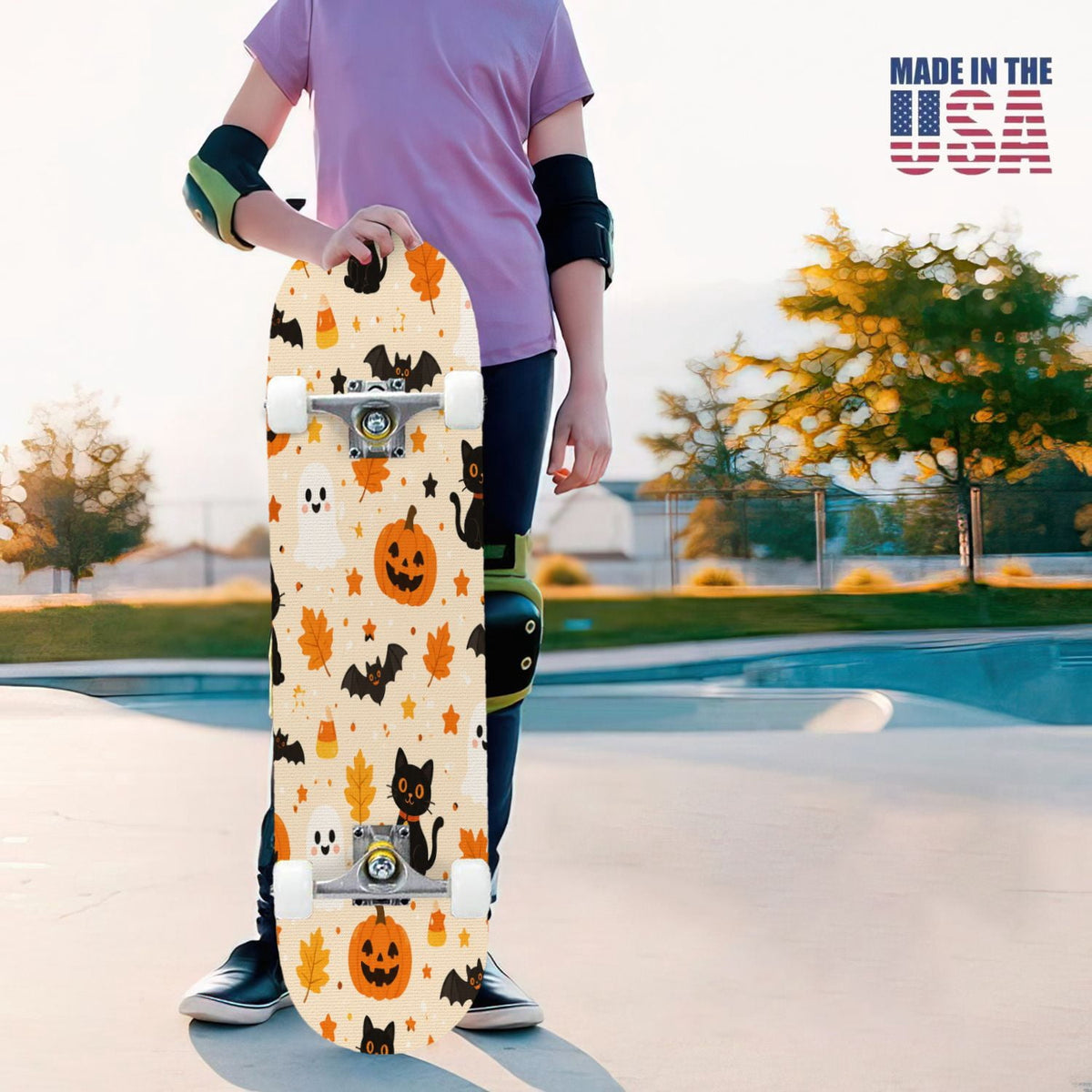 31"x8" Complete Skateboards for Beginners,Halloween Black Cats Pumpkins Ghosts Bats Beige Double Kick 7 Ply Canadian Maple Deck Skateboard with Wheels, Gifts for Kids Teens