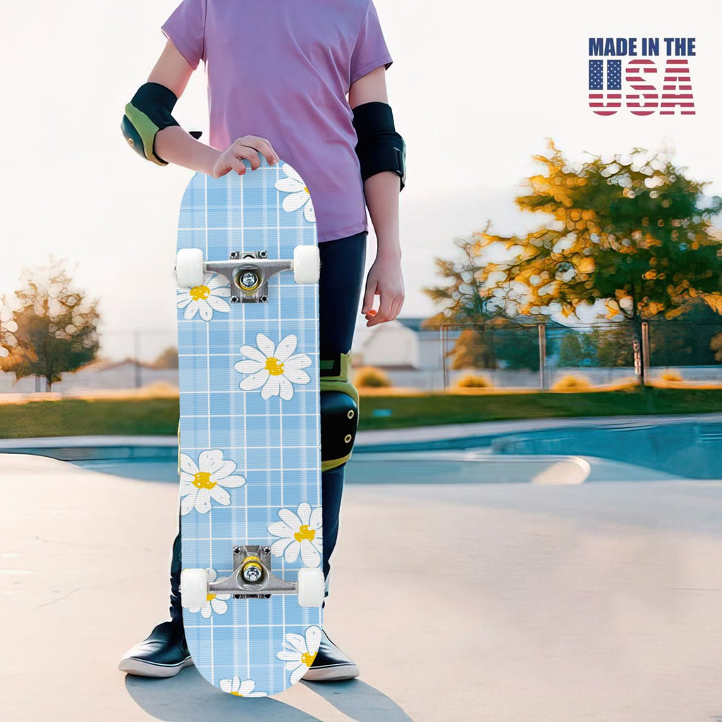 31"x8" Complete Skateboards for Beginners,Pink White Gingham Checkered Subtle Double Kick 7 Ply Canadian Maple Deck Skateboard with Wheels, Gifts for Kids Teens