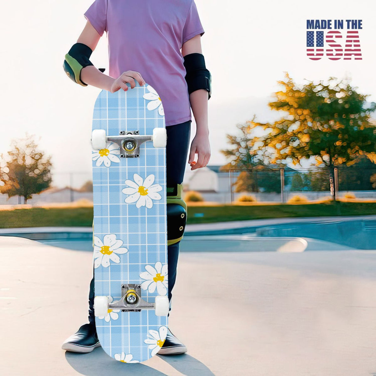 31"x8" Complete Skateboards for Beginners,Pink White Gingham Checkered Subtle Double Kick 7 Ply Canadian Maple Deck Skateboard with Wheels, Gifts for Kids Teens