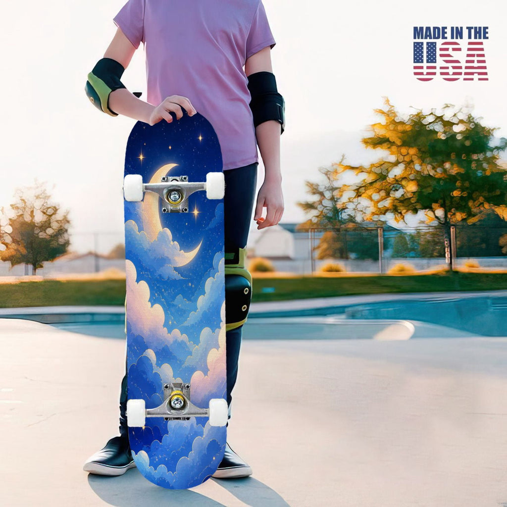 31"x8" Complete Skateboards for Beginners,Blue White Vintage Floral Roses Ornate Swirls Double Kick 7 Ply Canadian Maple Deck Skateboard with Wheels, Gifts for Kids Teens