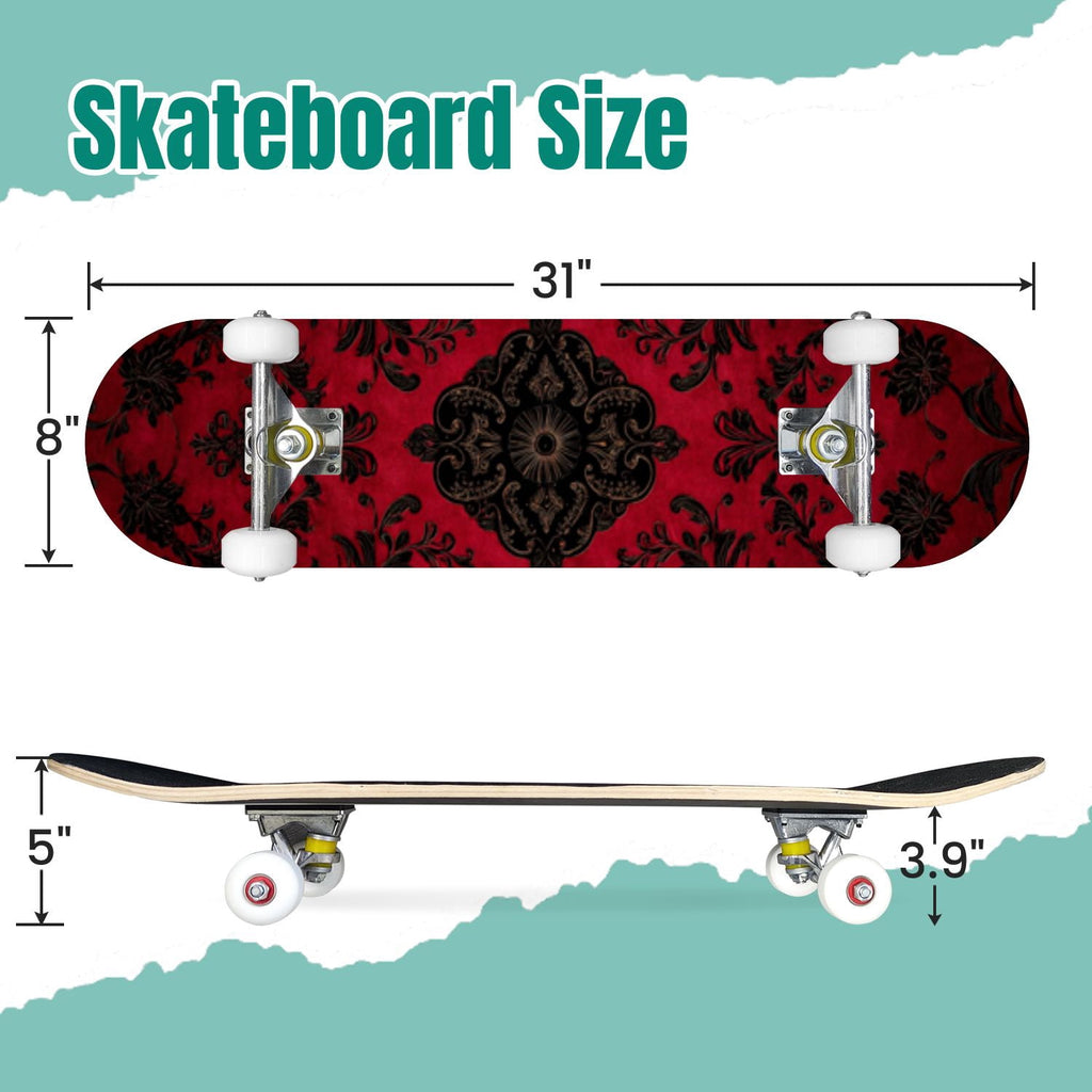 Elegant Purple Damask 31" x 8" Complete Skateboard, 7-Ply Canadian Maple Double Kick Trick Board for Kids and Beginners Adult Gifts