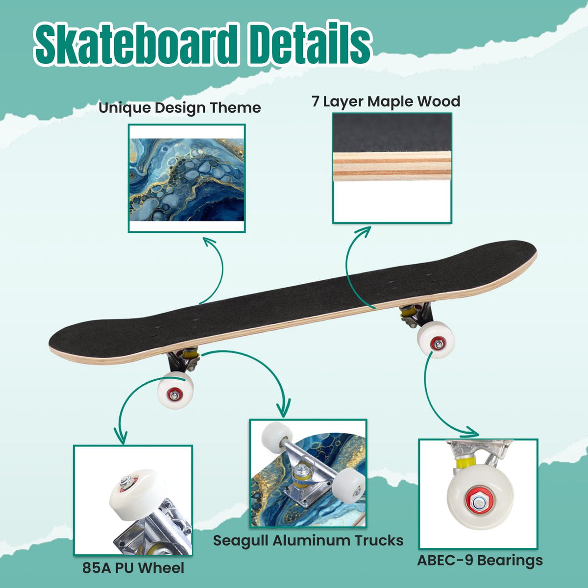 Seashells Starfish Sandy Beach Soft Lighting 31" x 8" Complete Skateboard, 7-Ply Canadian Maple Double Kick Trick Board for Kids and Beginners Adult Gifts