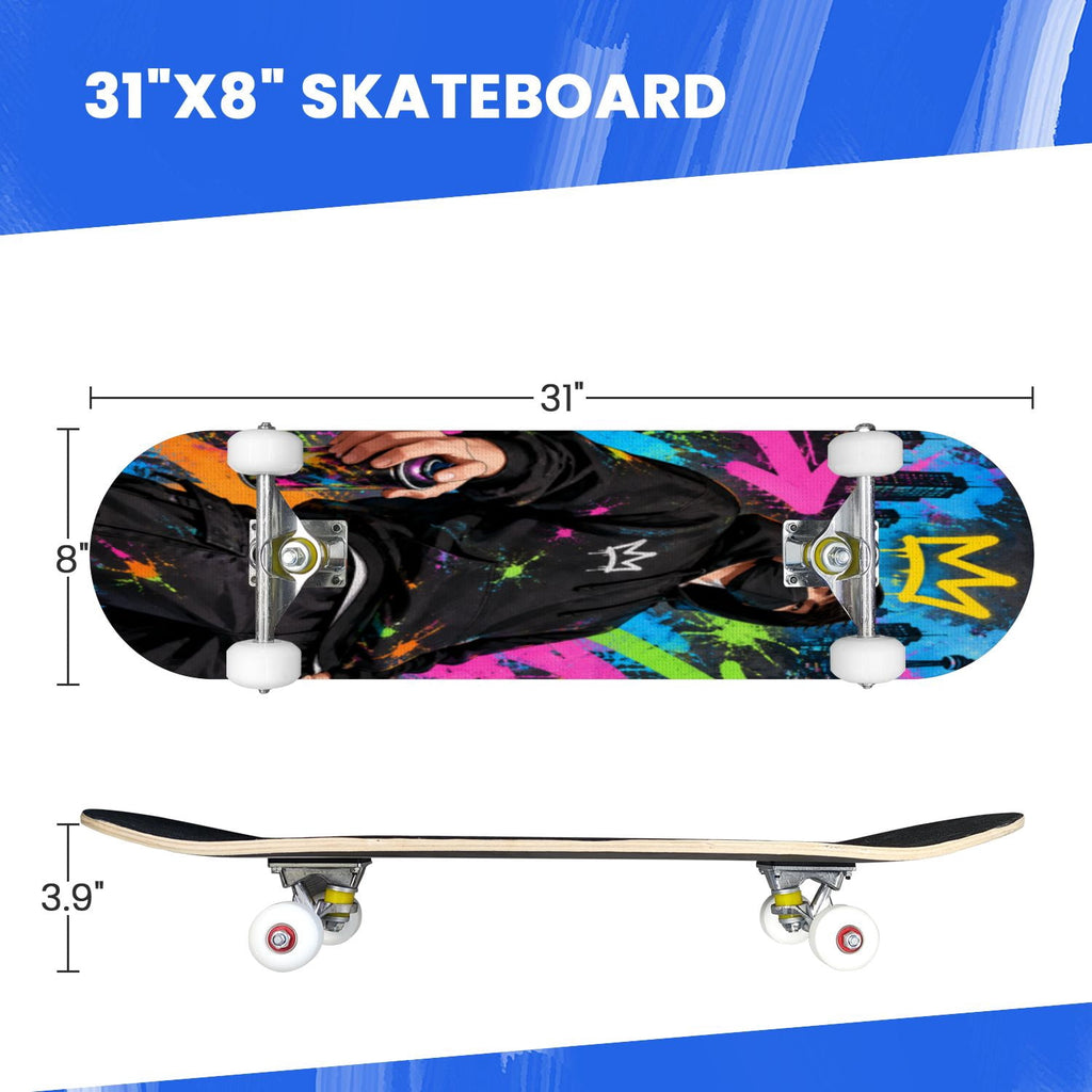 Complete Skateboard Vibrant Swirling Abstract 31 Inch 7-Ply Maple Skateboard with PU Wheels and Aluminum Trucks, Ready-to-Ride Skateboard for Beginners, Teens and Adults
