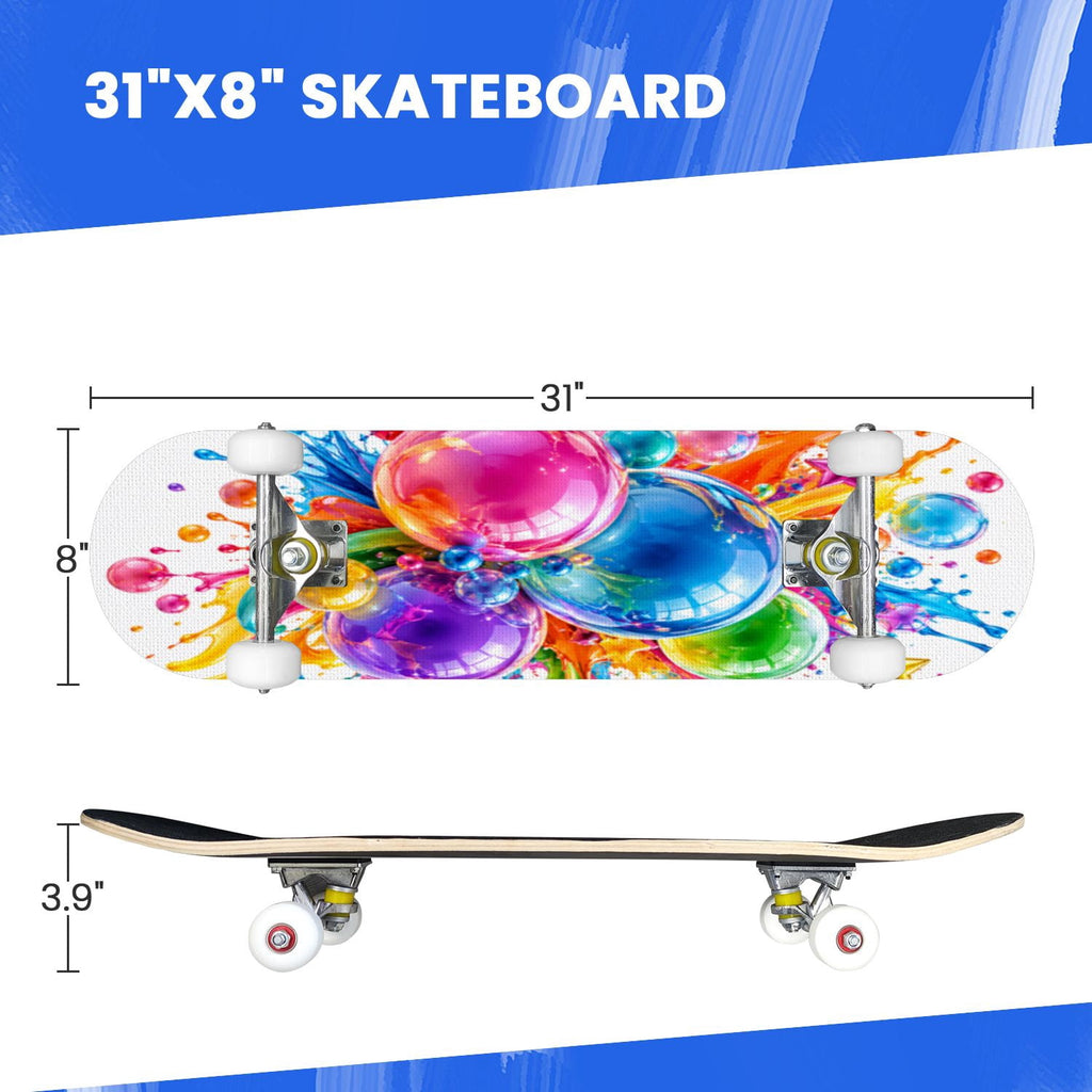 Complete Skateboard Paint Splash Explosion 31 Inch 7-Ply Maple Skateboard with PU Wheels and Aluminum Trucks, Ready-to-Ride Skateboard for Beginners, Teens and Adults