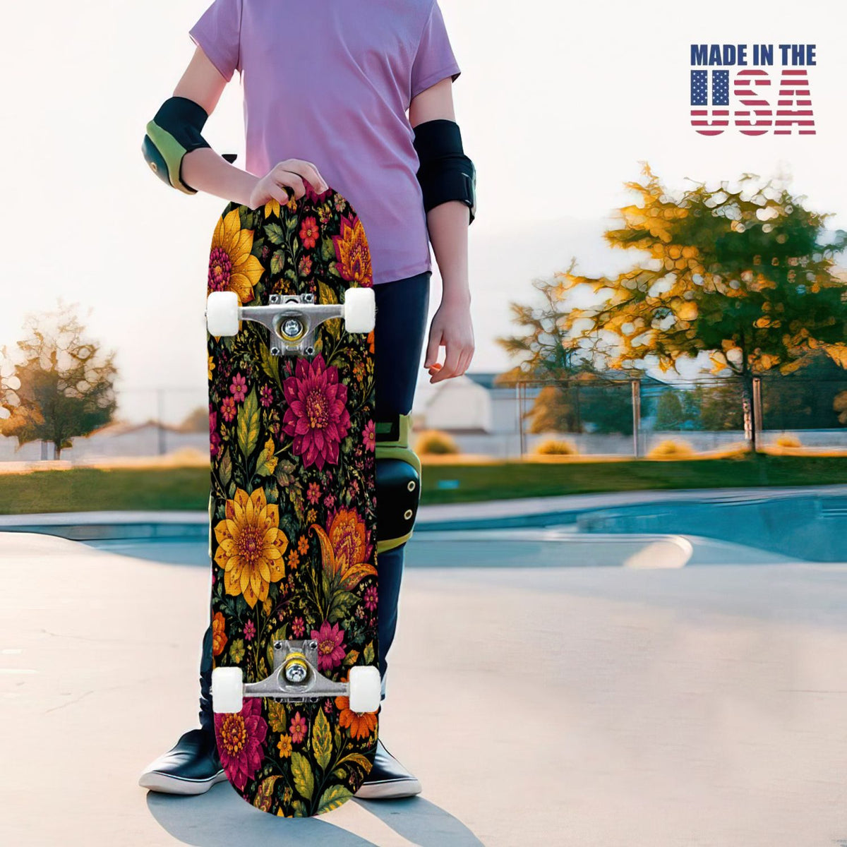 31"x8" Complete Skateboards for Beginners, Colorful Sugar Skulls Floral Patterns Mexican Double Kick 7 Ply Canadian Maple Deck Skateboard with Wheels, Gifts for Kids Teens