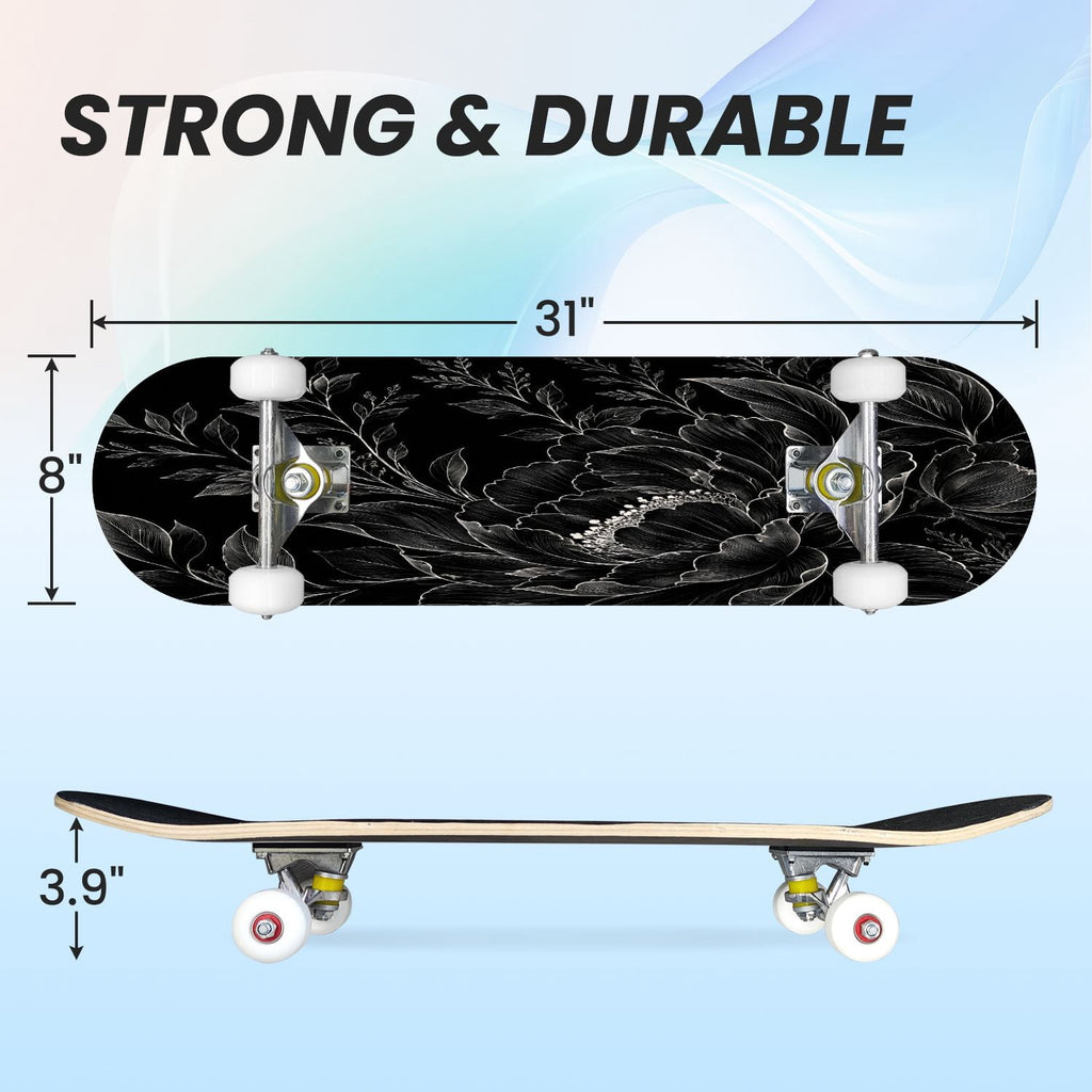 31"x8" Complete Skateboards for Beginners,Cute Ghosts Purple Bows Bats Lilac Halloween Double Kick 7 Ply Canadian Maple Deck Skateboard with Wheels, Gifts for Kids Teens