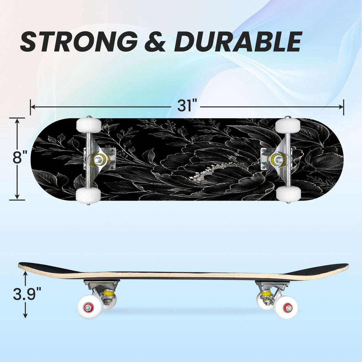 31"x8" Complete Skateboards for Beginners,Cute Ghosts Purple Bows Bats Lilac Halloween Double Kick 7 Ply Canadian Maple Deck Skateboard with Wheels, Gifts for Kids Teens