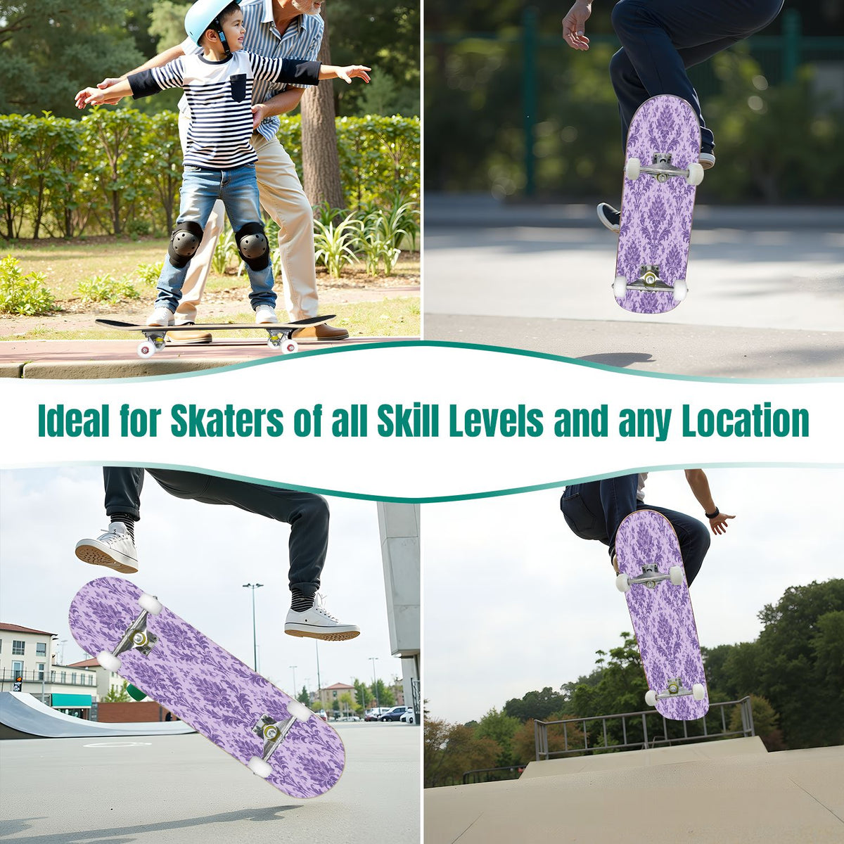 31"x8" Complete Skateboards for Beginners, Vibrant Purple Teal Floral Artwork Golden Accents Vintage Double Kick 7 Ply Canadian Maple Deck Skateboard with Wheels, Gifts for Kids Teens