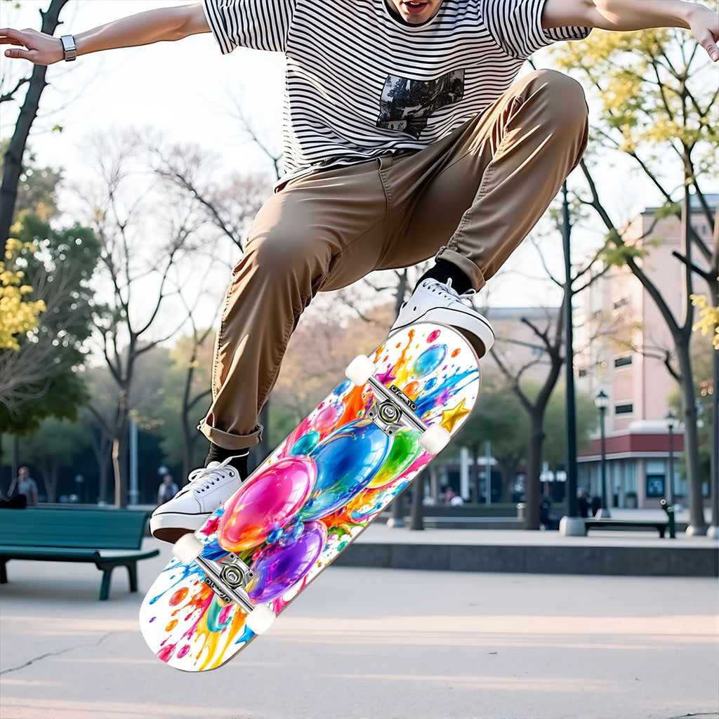 Complete Skateboard Paint Splash Explosion 31 Inch 7-Ply Maple Skateboard with PU Wheels and Aluminum Trucks, Ready-to-Ride Skateboard for Beginners, Teens and Adults