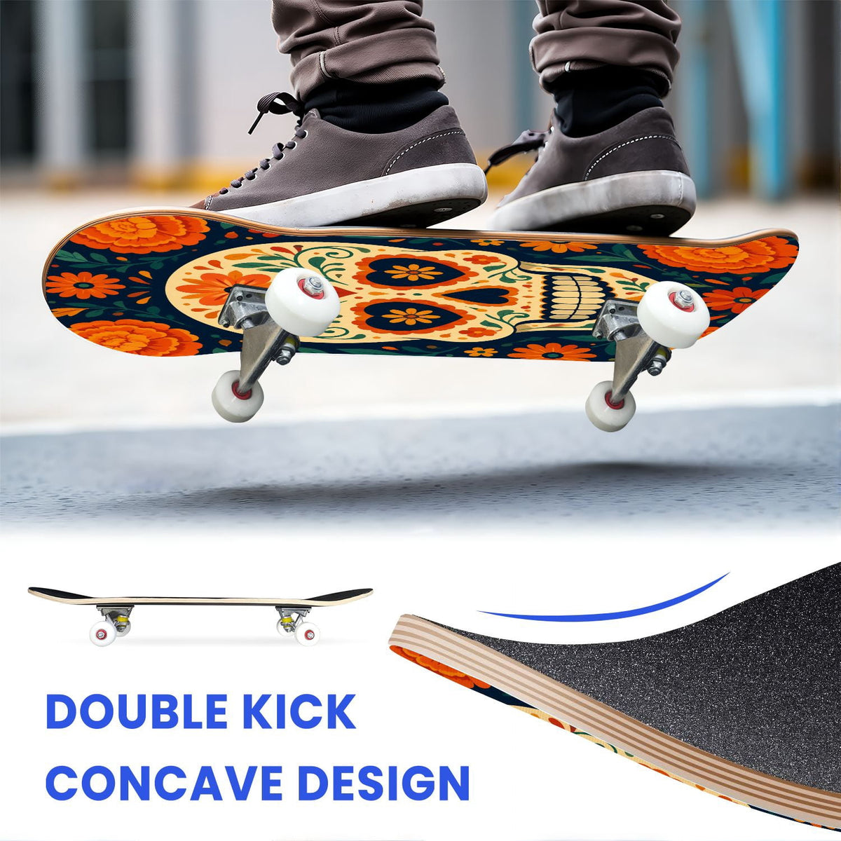 31"x8" Complete Skateboards for Beginners, Colorful Sugar Skull Vibrant Floral Day of the Dead Double Kick 7 Ply Canadian Maple Deck Skateboard with Wheels, Gifts for Kids Teens