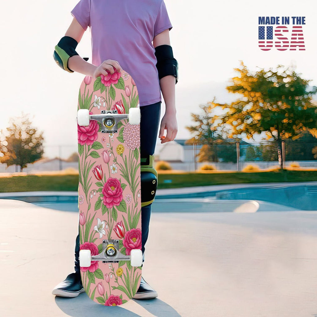 31"x8" Complete Skateboards for Beginners, Seamless Pink Peony Floral Cream Double Kick 7 Ply Canadian Maple Deck Skateboard with Wheels, Gifts for Girls Teens