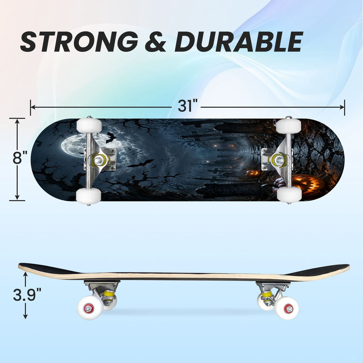 31"x8" Complete Skateboards for Beginners,Vintage Botanical Moth Autumn Leaves Mushrooms Double Kick 7 Ply Canadian Maple Deck Skateboard with Wheels, Gifts for Kids Teens