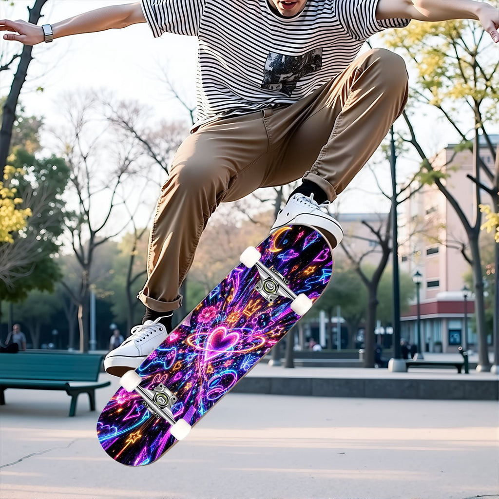 Complete Skateboard Colorful Hearts Graffiti 31 Inch 7-Ply Maple Skateboard with PU Wheels and Aluminum Trucks, Ready-to-Ride Skateboard for Beginners, Teens and Adults