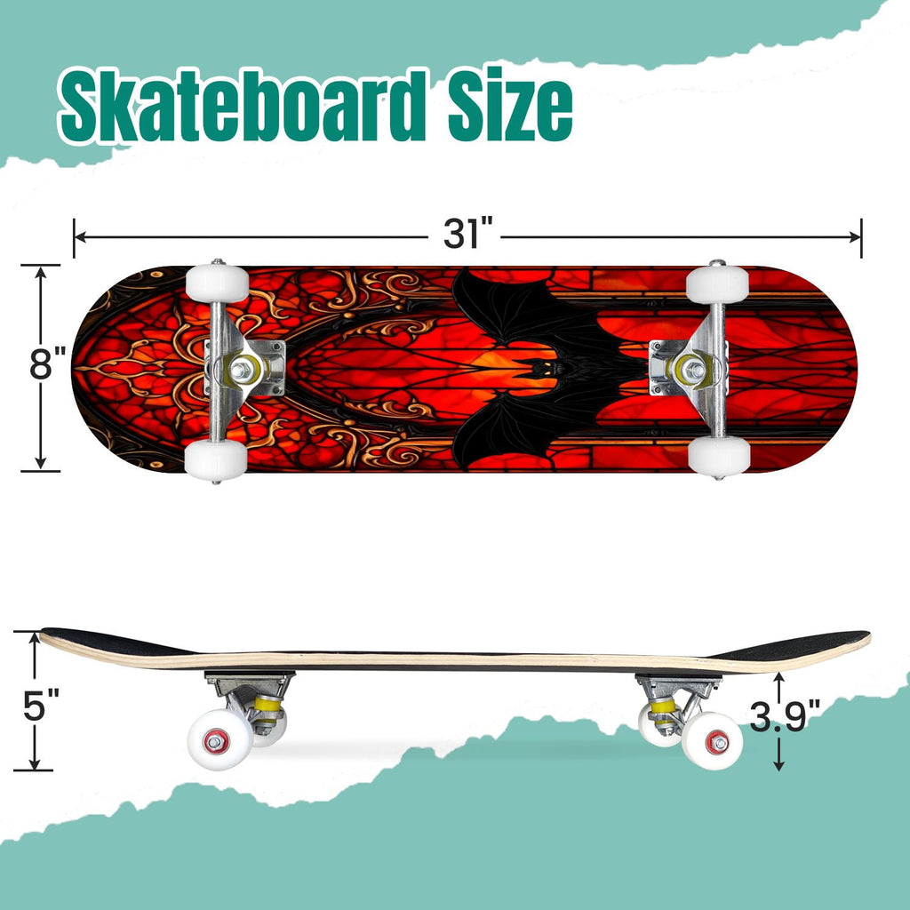 Red Mystic Circle Eyes Occult Symbols Dark Abstract Art 31" x 8" Complete Skateboard, 7-Ply Canadian Maple Double Kick Trick Board for Kids and Beginners Adult Gifts