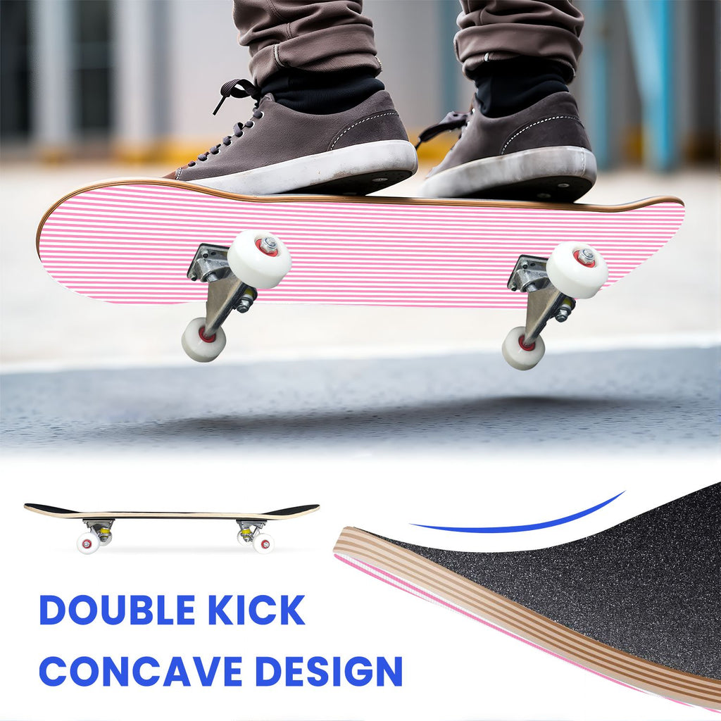 31"x8" Complete Skateboards for Beginners, Pink Floral Striped Delicate Leaves Flowers Botanical Double Kick 7 Ply Canadian Maple Deck Skateboard with Wheels, Gifts for Girls Teens