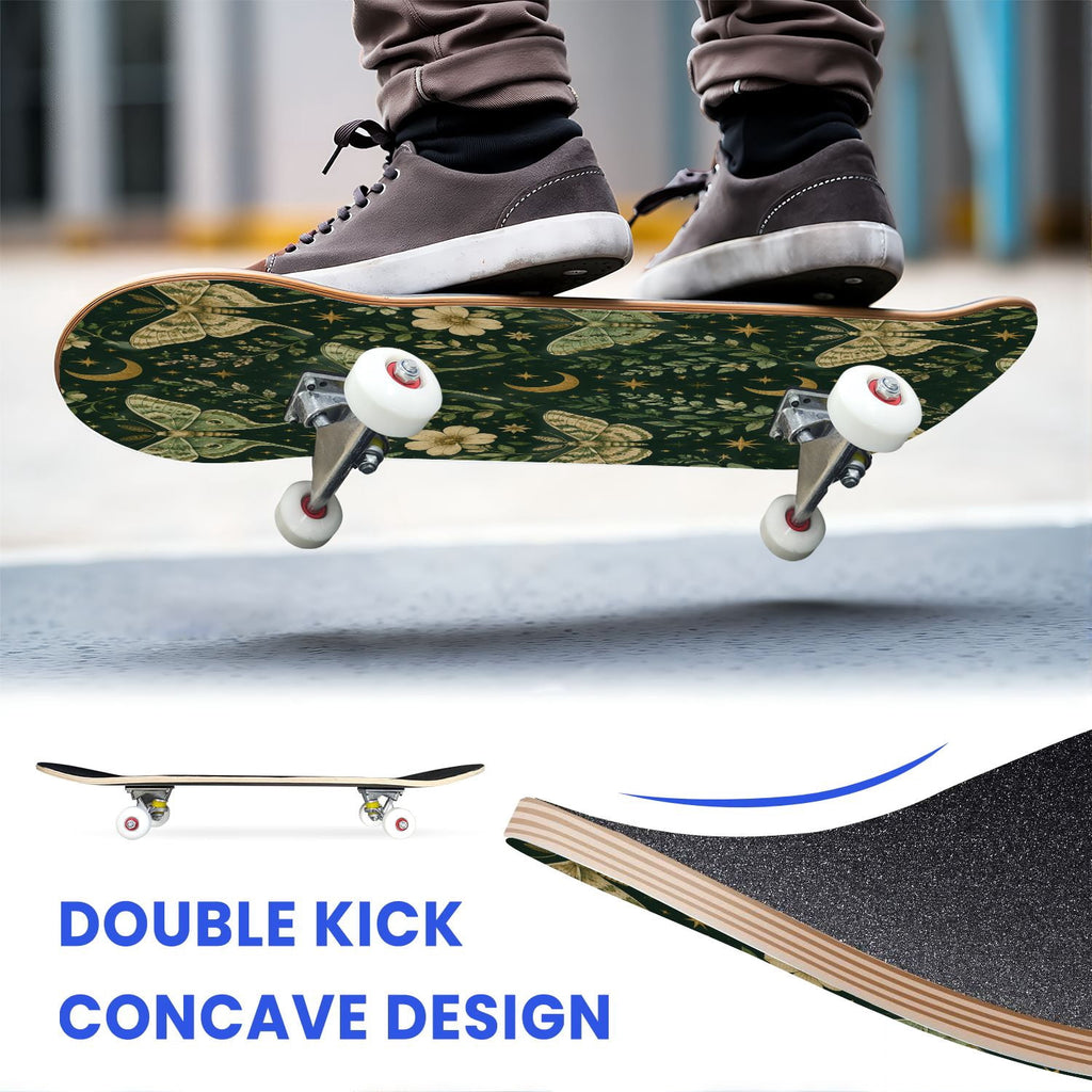 31"x8" Complete Skateboards for Beginners, Purple Floral Roses Butterfly Starry Vintage Botanical Double Kick 7 Ply Canadian Maple Deck Skateboard with Wheels, Gifts for Kids Teens