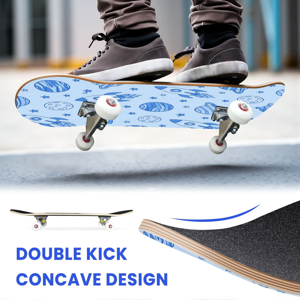 31"x8" Complete Skateboards for Beginners,Blue White Vintage Floral Roses Ornate Swirls Double Kick 7 Ply Canadian Maple Deck Skateboard with Wheels, Gifts for Kids Teens