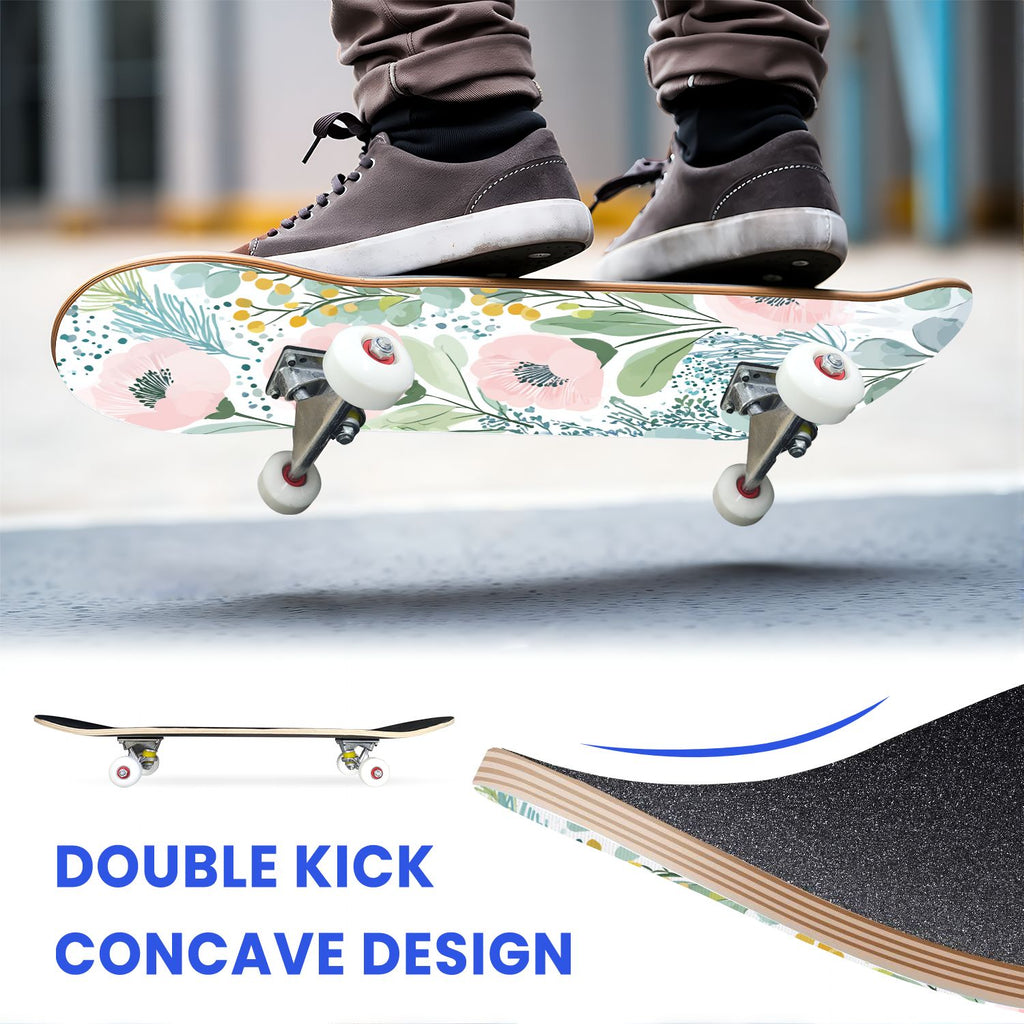 31"x8" Complete Skateboards for Beginners, Elegant Floral Pink Roses Blue Butterflies Double Kick 7 Ply Canadian Maple Deck Skateboard with Wheels, Gifts for Kids Teens