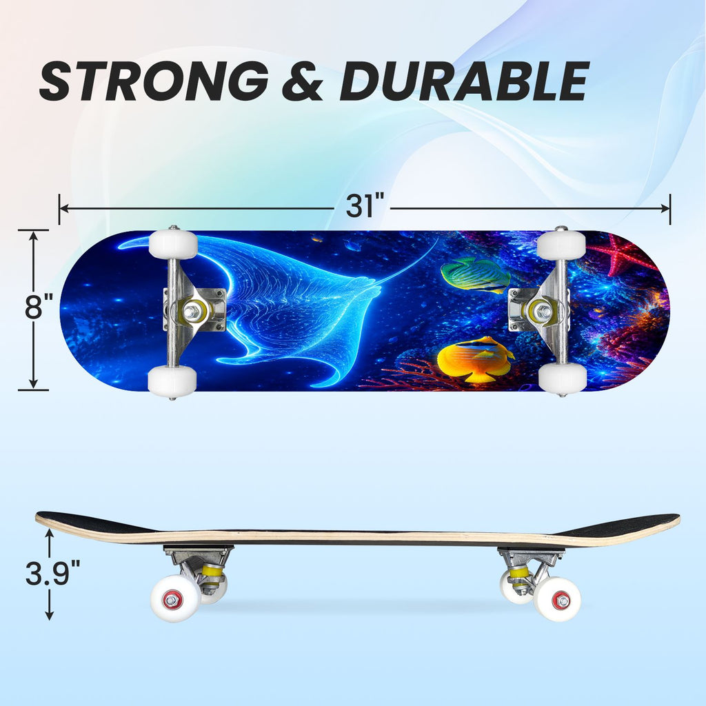 31"x8" Complete Skateboards for Beginners, Underwater Sharks Glowing Purple Jellyfish Marine Life Double Kick 7 Ply Canadian Maple Deck Skateboard with Wheels, Gifts for Kids Teens