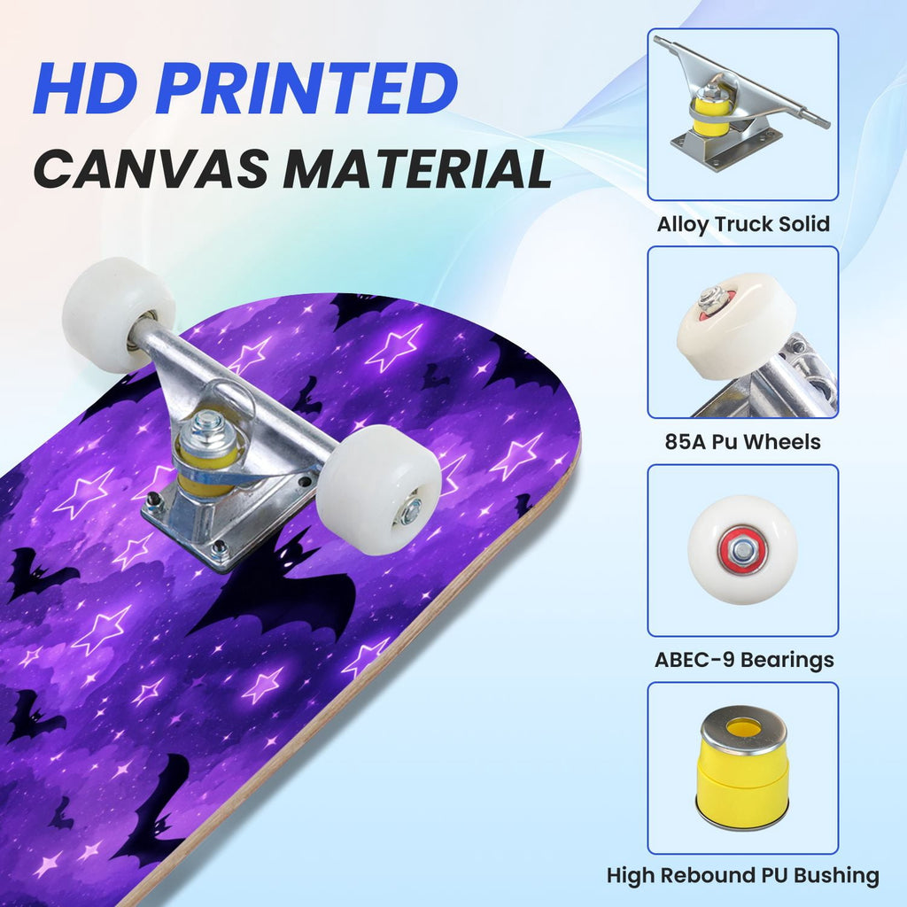 31"x8" Complete Skateboards for Beginners,Cute Ghosts Purple Bows Bats Lilac Halloween Double Kick 7 Ply Canadian Maple Deck Skateboard with Wheels, Gifts for Kids Teens