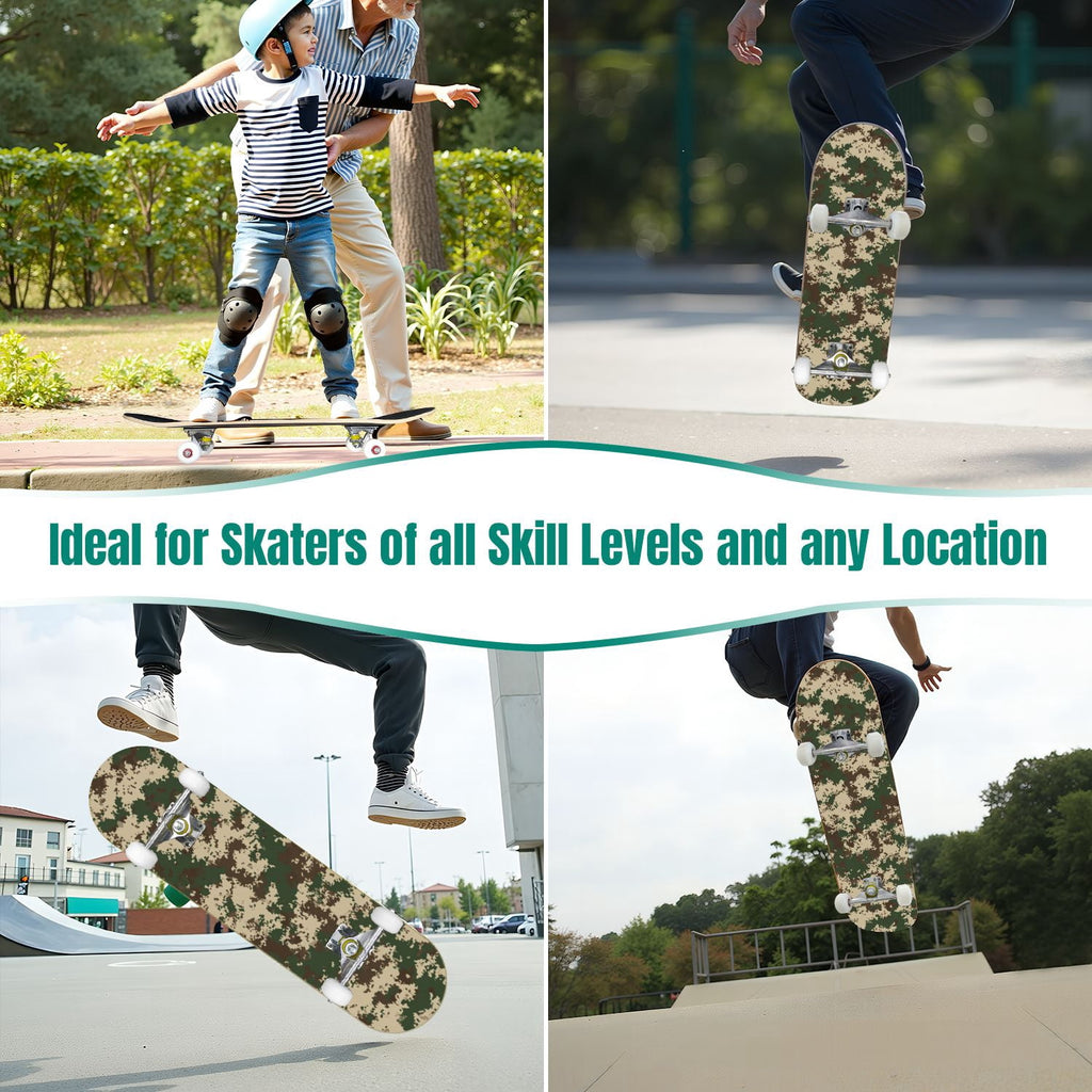 31"x8" Complete Skateboards for Beginners,Desert Camouflage Beige Tan Cream Organic Abstract Shapes Double Kick 7 Ply Canadian Maple Deck Skateboard with Wheels, Gifts for Kids Teens