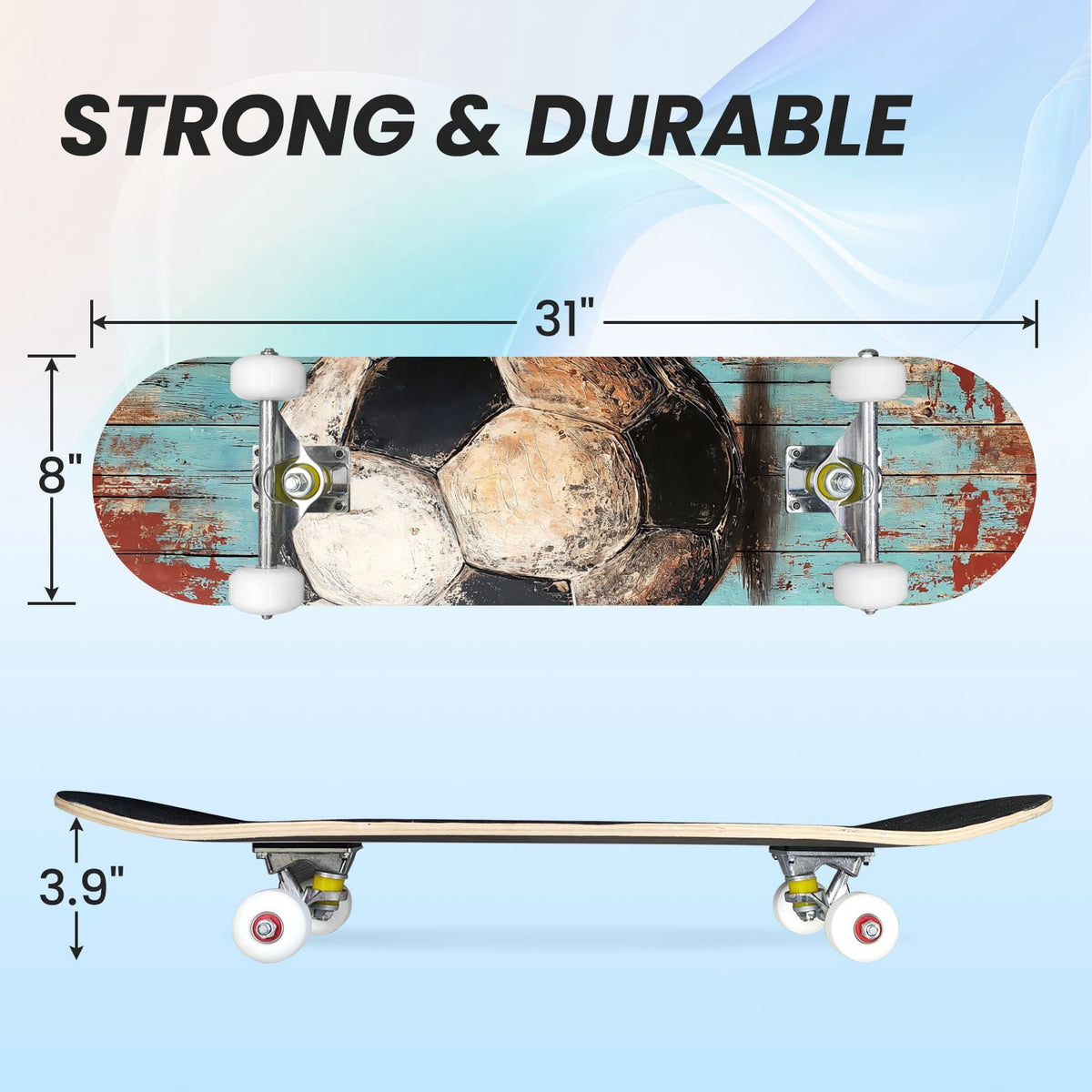 31"x8" Complete Skateboards for Beginners,Abstract Soccer Ball Vibrant Paint Splashes Drips Double Kick 7 Ply Canadian Maple Deck Skateboard with Wheels, Sports Gifts for Kids Teens