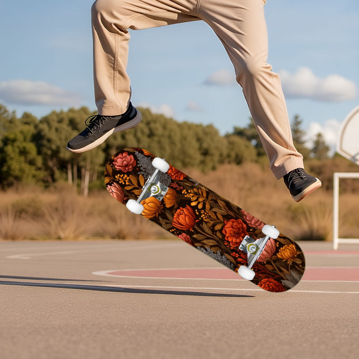 Golden Floral Line Art Seamless 31" x 8" Complete Skateboard, 7-Ply Canadian Maple Double Kick Trick Board for Kids and Beginners Adult Gifts