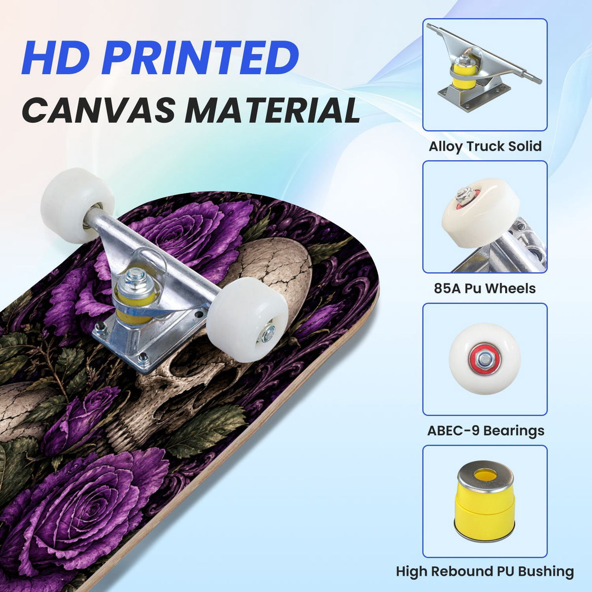 31"x8" Complete Skateboards for Beginners,Vintage Botanical Skull Flowers Elements Dark Double Kick 7 Ply Canadian Maple Deck Skateboard with Wheels, Gifts for Kids Teens