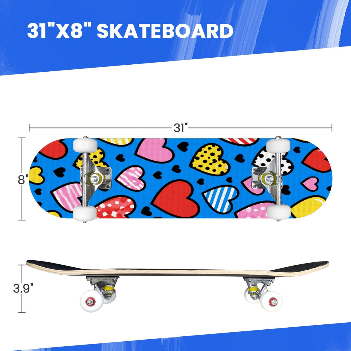 Complete Skateboard Colorful Hearts Graffiti 31 Inch 7-Ply Maple Skateboard with PU Wheels and Aluminum Trucks, Ready-to-Ride Skateboard for Beginners, Teens and Adults