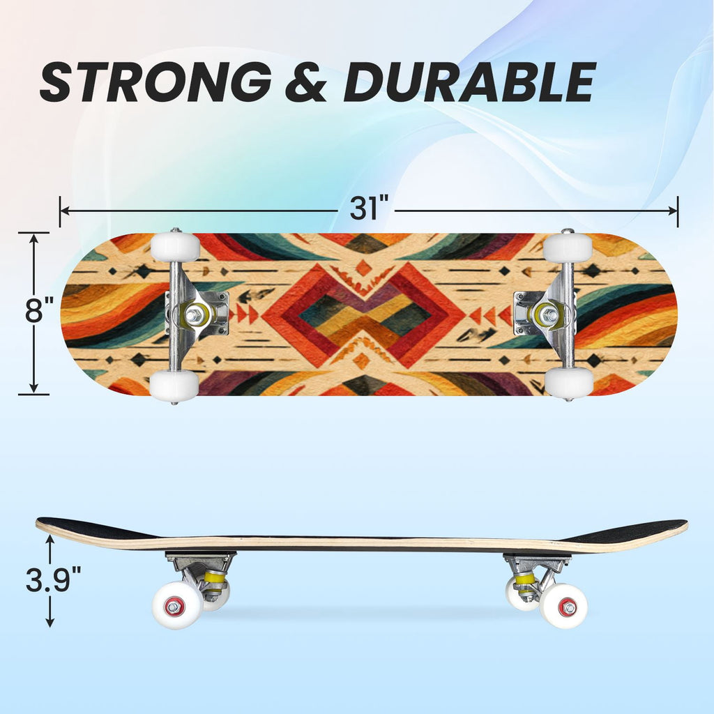 31"x8" Complete Skateboards for Beginners,Cartoon Hand Drawn Ice Cream Doodles Seamless Cones Cupcakes Double Kick 7 Ply Canadian Maple Deck Skateboard with Wheels, Gifts for Kids Teens