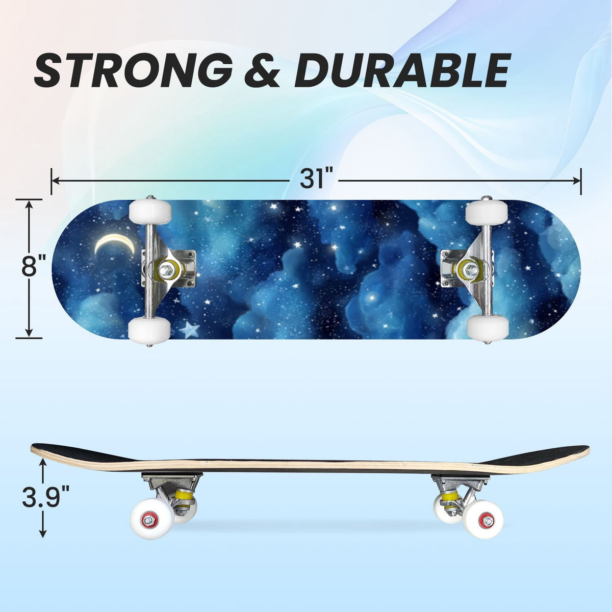 31"x8" Complete Skateboards for Beginners, Pastel Clouds Sparkles Dreamy Gradient Sky Summer Decor Double Kick 7 Ply Canadian Maple Deck Skateboard with Wheels, Gifts for Kids Teens