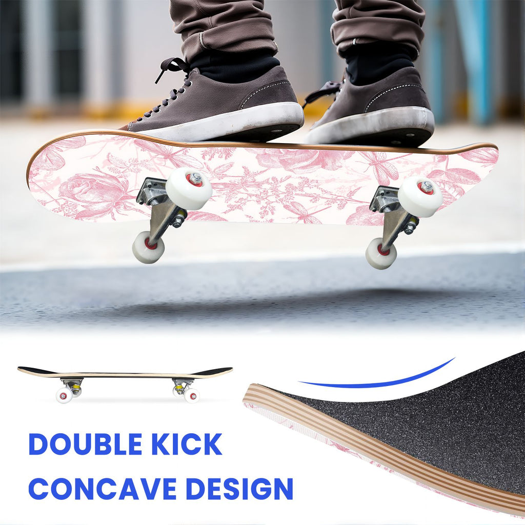 31"x8" Complete Skateboards for Beginners, Elegant Peony Floral Soft Pink White Tones Neutral Double Kick 7 Ply Canadian Maple Deck Skateboard with Wheels, Gifts for Kids Teens
