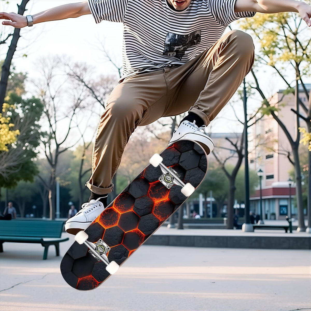 31"x8" Complete Skateboards for Beginners,Black Hexagon Honeycomb Glowing Blue Accents Double Kick 7 Ply Canadian Maple Deck Skateboard with Wheels, Gifts for Kids Teens