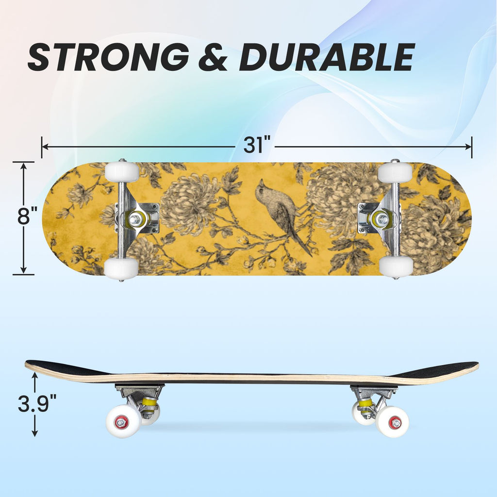 31"x8" Complete Skateboards for Beginners, Turquoise Flowers Teal Daisy Flower Butterfly Blue Romantic Double Kick 7 Ply Canadian Maple Deck Skateboard with Wheels, Gifts for Kids Teens