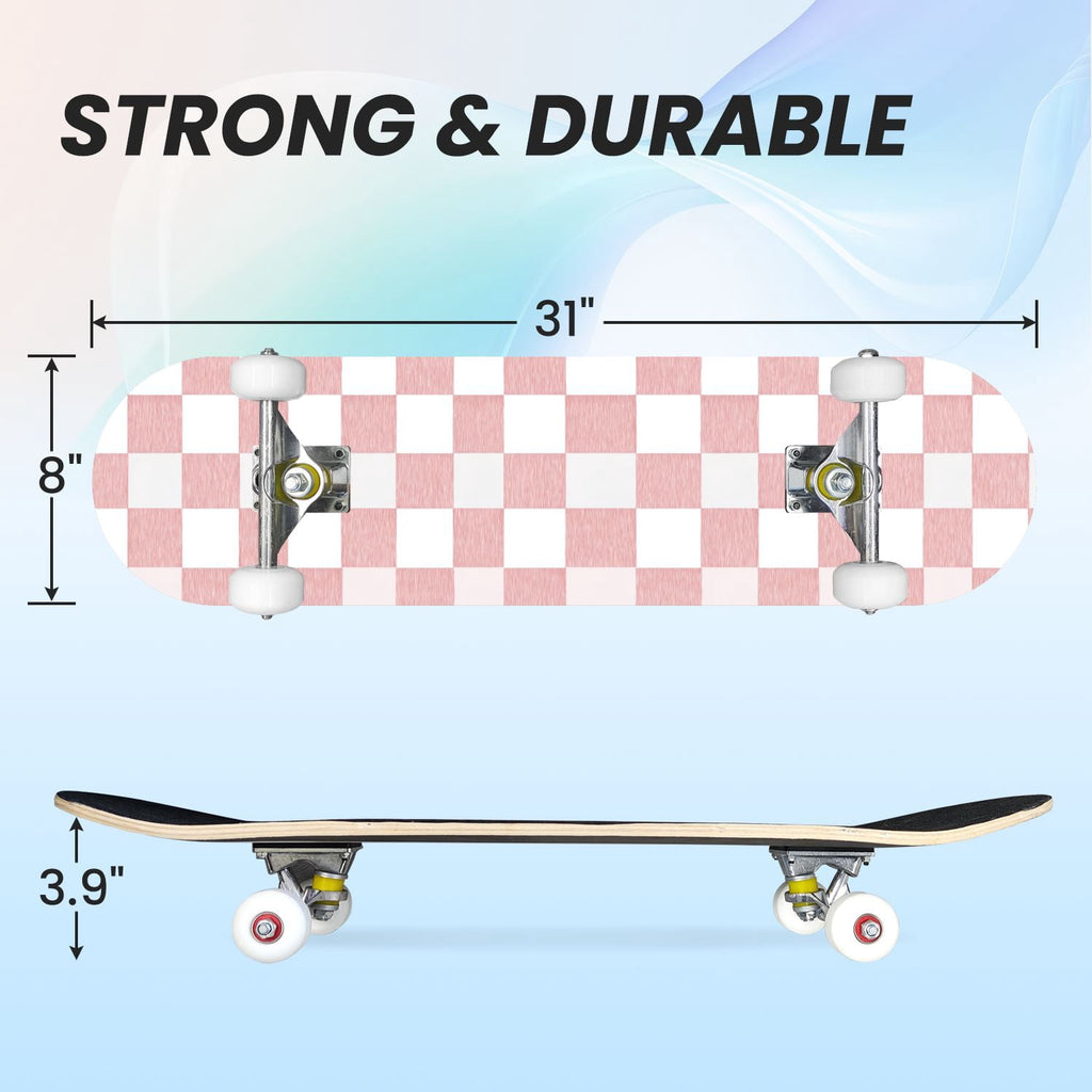 31"x8" Complete Skateboards for Beginners,Light Green White Gingham Checkered Double Kick 7 Ply Canadian Maple Deck Skateboard with Wheels, Gifts for Kids Teens