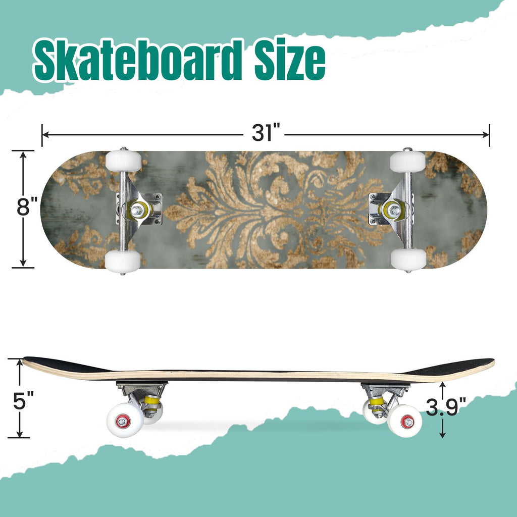 Elegant Purple Damask 31" x 8" Complete Skateboard, 7-Ply Canadian Maple Double Kick Trick Board for Kids and Beginners Adult Gifts