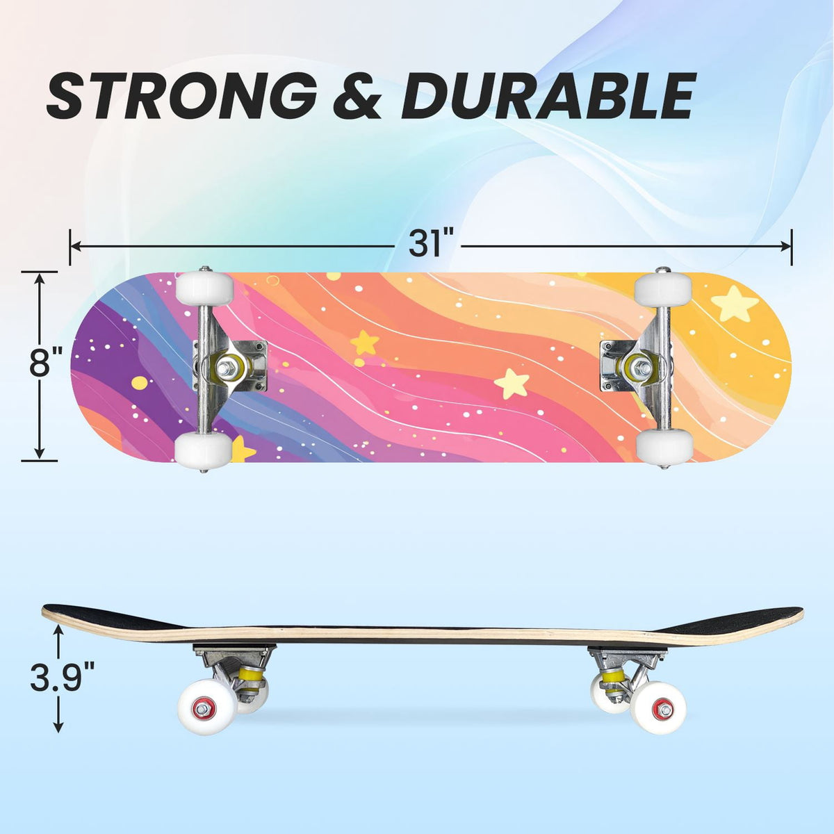 31"x8" Complete Skateboards for Beginners,Watercolor Watermelon Slices Pink Striped Double Kick 7 Ply Canadian Maple Deck Skateboard with Wheels, Gifts for Kids Teens