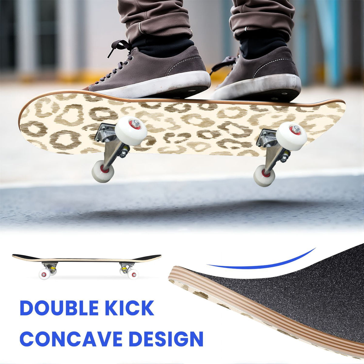31"x8" Complete Skateboards for Beginners,Black Leopard Print Grey Double Kick 7 Ply Canadian Maple Deck Skateboard with Wheels, Gifts for Kids Teens