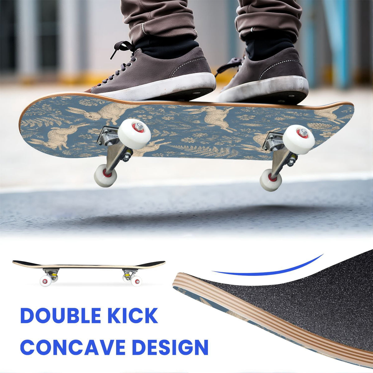 31"x8" Complete Skateboards for Beginners,Seamless Blue Watercolor Crabs Floral Accents Light Double Kick 7 Ply Canadian Maple Deck Skateboard with Wheels, Gifts for Kids Teens