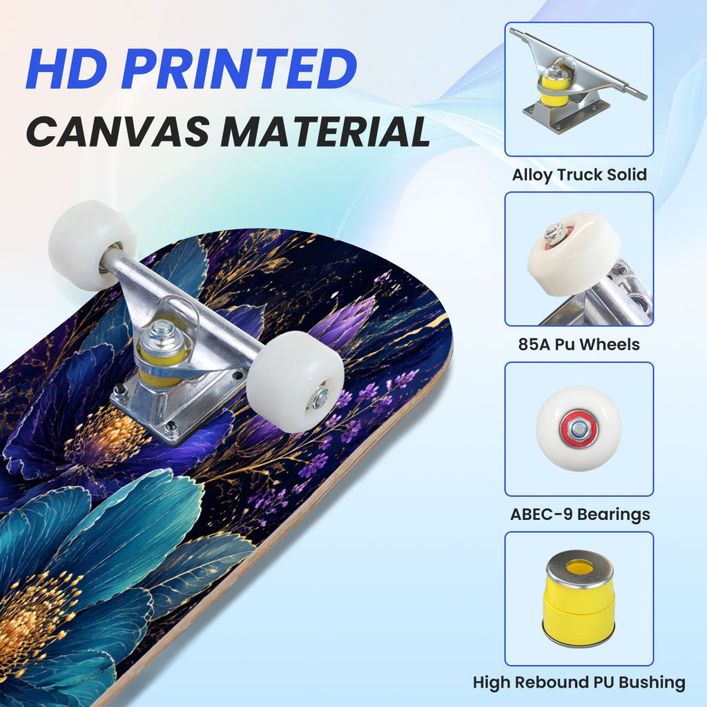 31"x8" Complete Skateboards for Beginners, Vibrant Purple Teal Floral Artwork Golden Accents Vintage Double Kick 7 Ply Canadian Maple Deck Skateboard with Wheels, Gifts for Kids Teens