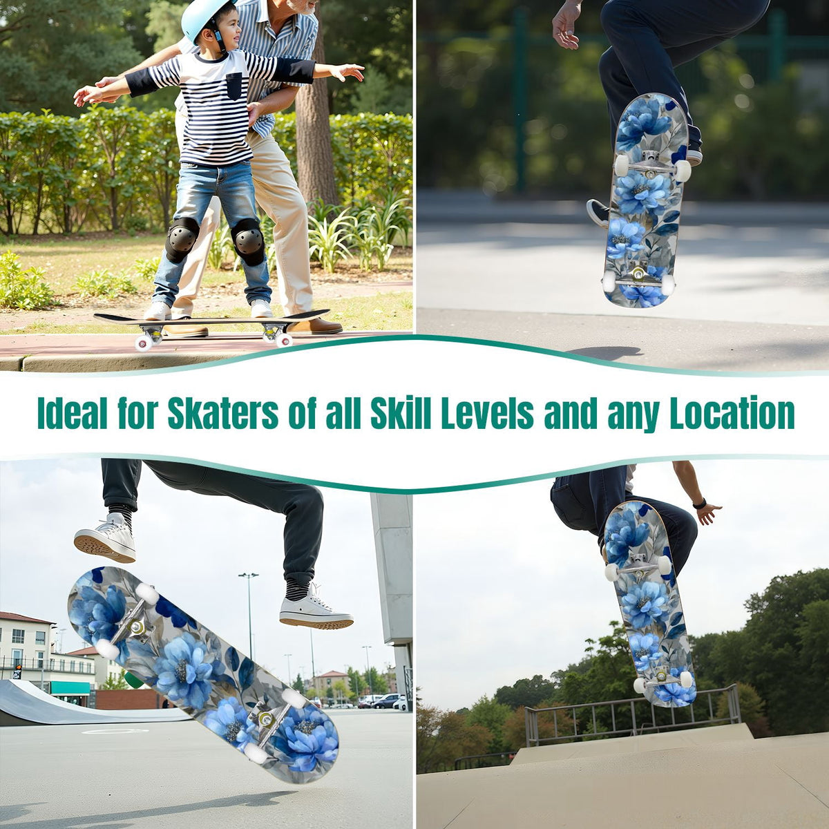 Watercolor Floral Shades Blue Grey Leaves 31" x 8" Complete Skateboard, 7-Ply Canadian Maple Double Kick Trick Board for Kids and Beginners Adult Gifts