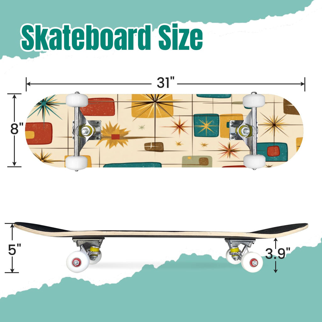 Vintage Movie Theater Classic Cinema 31" x 8" Complete Skateboard, 7-Ply Canadian Maple Double Kick Trick Board for Kids and Beginners Adult Gifts
