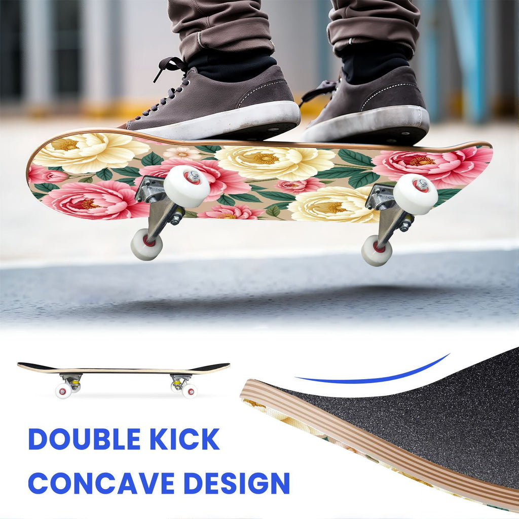 31"x8" Complete Skateboards for Beginners, Pink Floral Ribbon Roses Bows White Double Kick 7 Ply Canadian Maple Deck Skateboard with Wheels, Gifts for Girls Teens