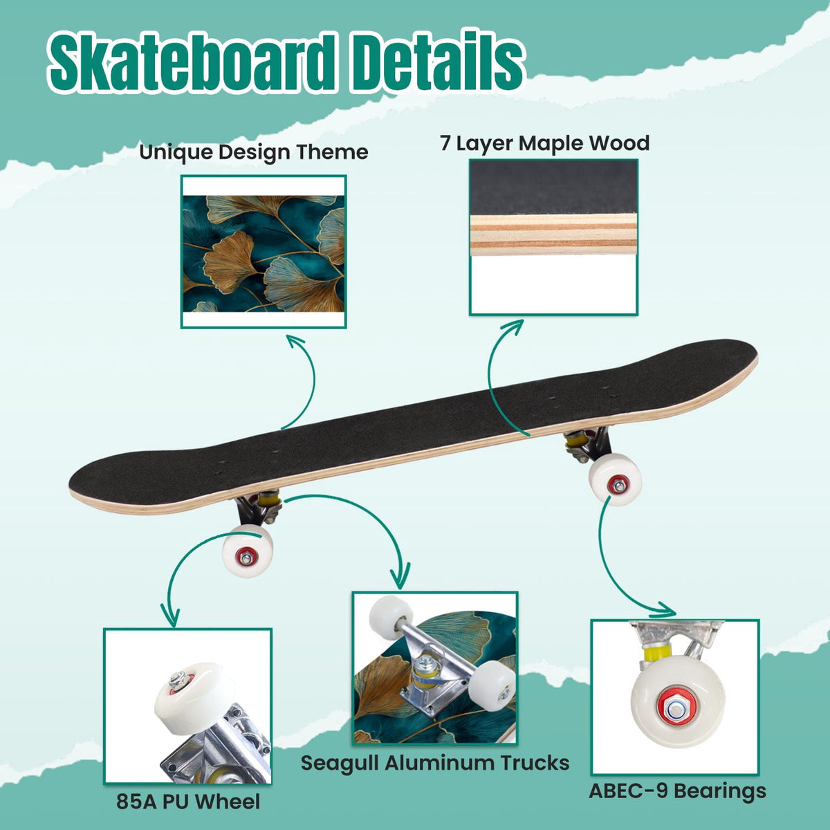 Monstera Leaves Leopard Print Seamless Earth Tones 31" x 8" Complete Skateboard, 7-Ply Canadian Maple Double Kick Trick Board for Kids and Beginners Adult Gifts