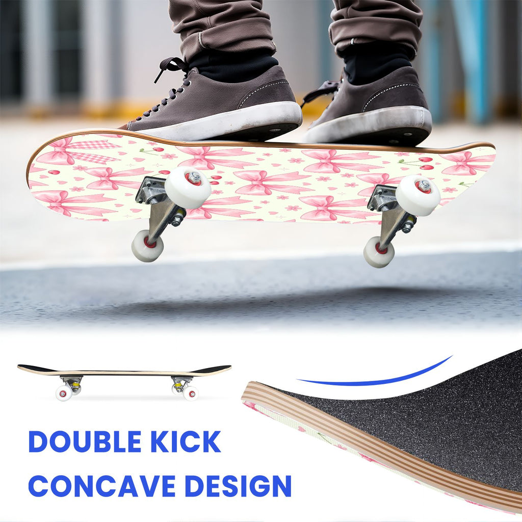 31"x8" Complete Skateboards for Beginners, Seamless Pink Peony Floral Cream Double Kick 7 Ply Canadian Maple Deck Skateboard with Wheels, Gifts for Girls Teens